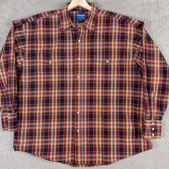 Wrangler Western Shirt Mens XXL Red Black‎ Plaid Cowboy Pearl Snap Farm Ranch - Picture 1 of 13
